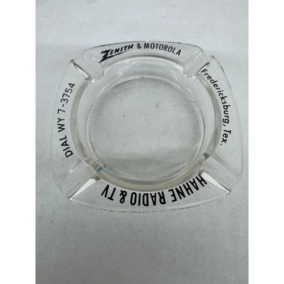 Zenith Motorola Clear Advertising Ash Tray  Fredricksburg Texas tobacciana‎