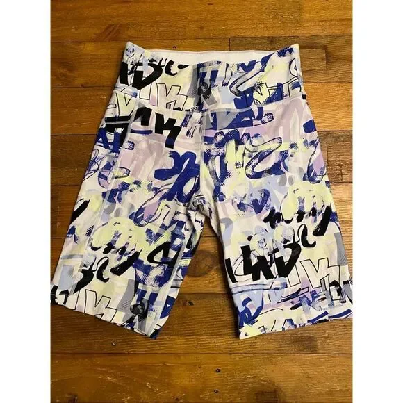Calvin Klein M graffiti style active wear athletic biker shorts purple white