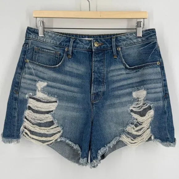 Good American Blue Bombshell Button Fly Distressed Denim Cutoff Shorts Size 6/28