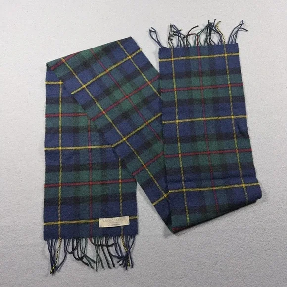 Lochcarron Of Scotland Scarf Mens One Size Blue Plaid Lambswool Fringe Winter