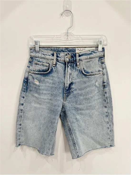 rag & bone Vintage Bermuda Denim Shorts 24 Raw Hem High Rise Light Wash Distress