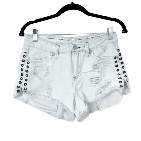 Rewash‎ Woman's Sz 3/26 Light Wash Mid Rise Embroidered Distressed Denim Shorts