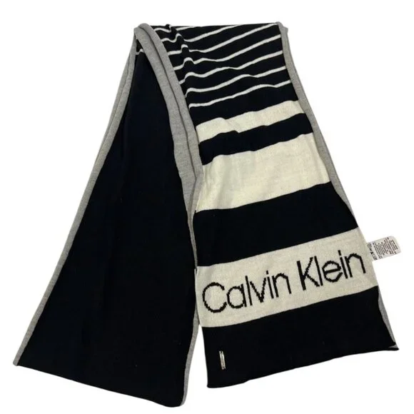 Scarf Knit Logo Reversible Unisex Black Gray Stripe Acrylic Calvin Klein Winter