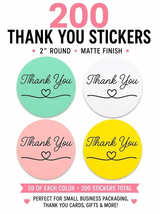 200 Multi-Colored 2in Circle Thank You Stickers Mailer Packaging Supplies, Gifts