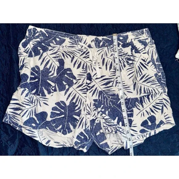 Nautica Womens Linen Blend Pull On Shorts Slant Pockets Size XXL Blue White Palm