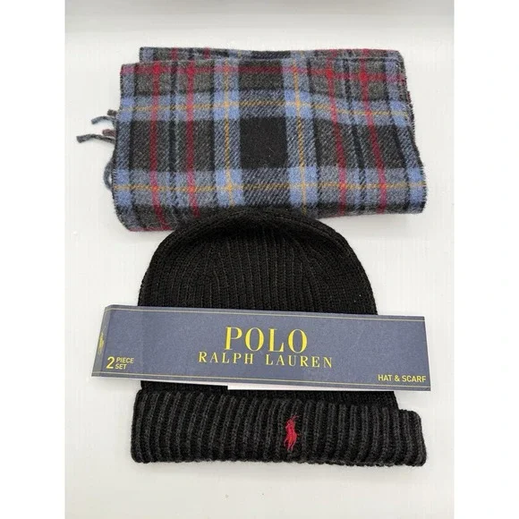 Polo Ralph Lauren‎ Men's Merino Wool 2 Piece Set Hat & Scarf Reversible BLUE