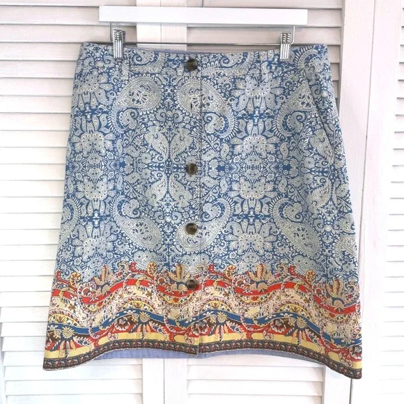LANDS' END Womens Boho Paisley‎ Button Skirt SZ 12