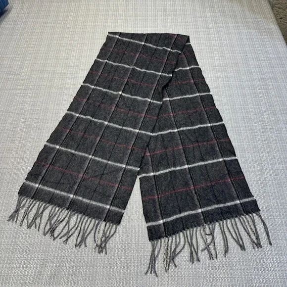 Alan‎ Flusser 100% Cashmere Scarf Gray Plaid Check Fringe Luxury Preppy  56x12