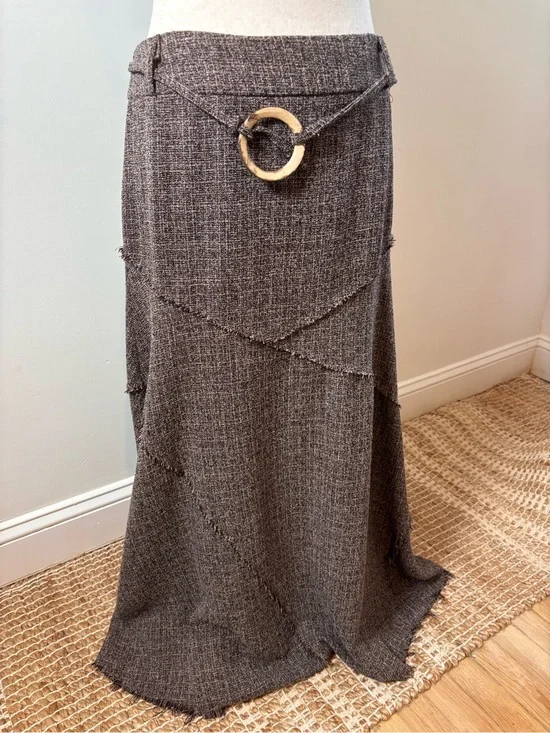 Y2K Boho Maxi Skirt Textured Knit Raw Hem Asymmetrical Belted Size 10