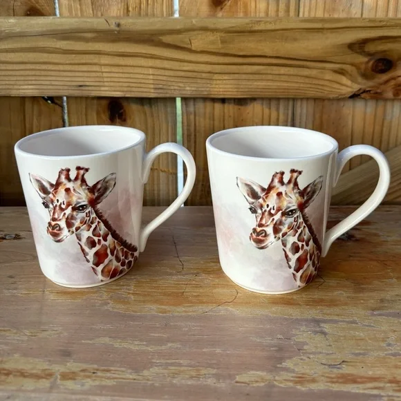 Set of 2 Pier 1 Imports Watercolor Giraffe 16oz Ironstone Coffee Mugs Tea Cups