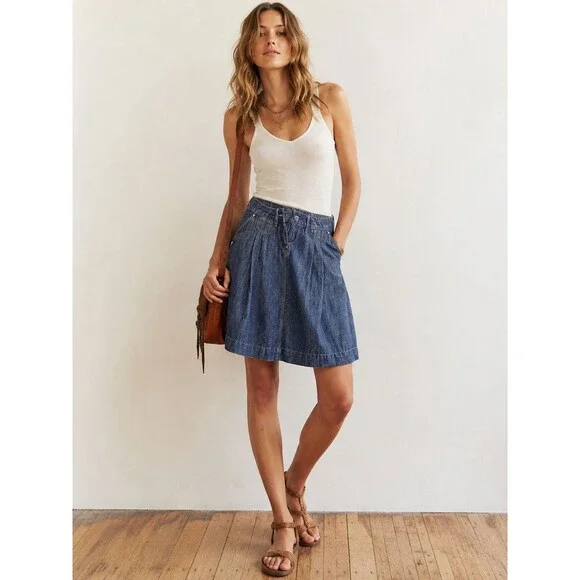 Massimo Dutti Chambray Linen Blend A Line Pleated Denim Skirt Blue EU 38 US28