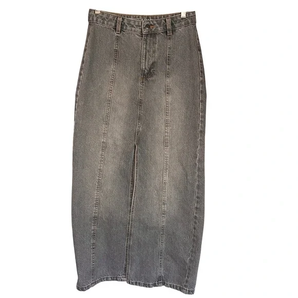 Primark Grey Denim Maxi Skirt High Waisted Front Slit Size 2 US Western Boho