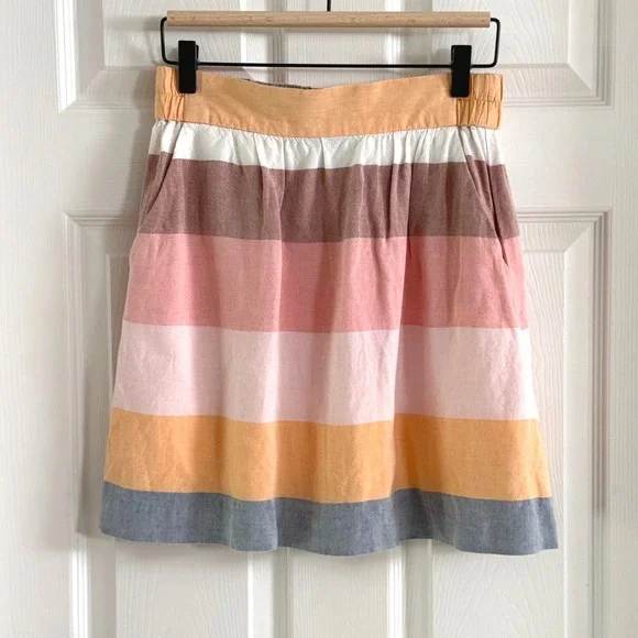 Loft Ann Taylor Striped Linen Blend Mini Skirt Orange Pink XS Pockets Elastic