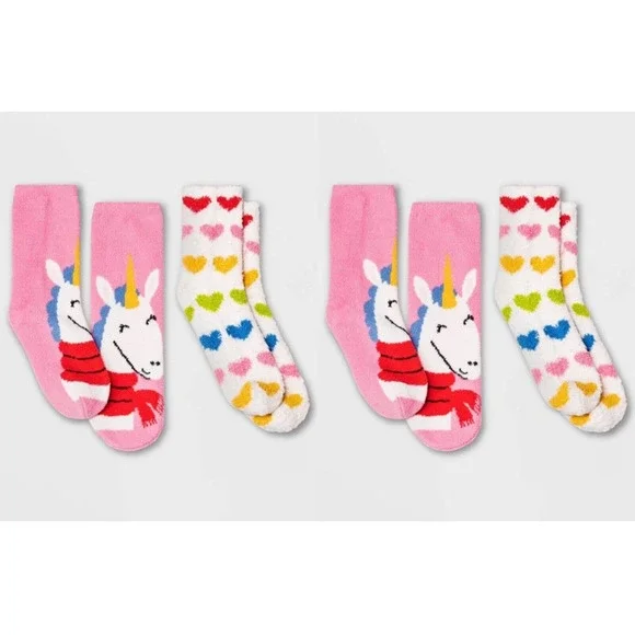 Girl's XS/S (11-1) Unicorn Hearts‎ Cozy Crew Socks Pink (4 Pairs Total) NEW