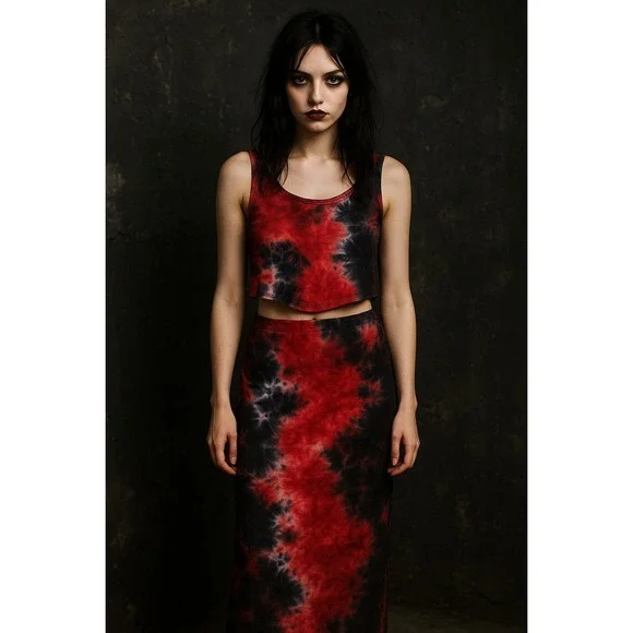 Say Anything Women's‎ L Tie Dye Crop Tank & Maxi Skirt Set Red Black Stretch USA