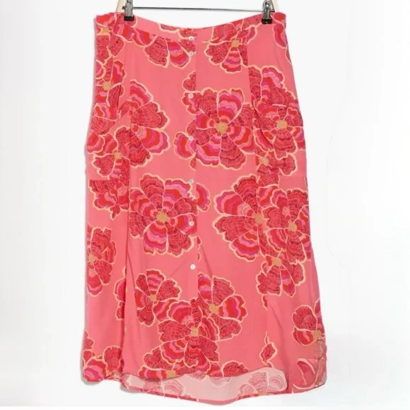 DR2 by Daniel Rainn Dandelion Maxi Skirt Pink Red Flowers Buttons Elastic 2XPlus