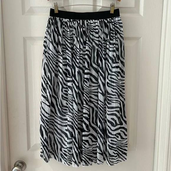 Rachel Zoe Zebra Print Pleated Mesh Overlay Midi Skirt