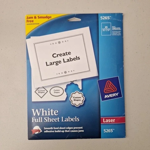 Avery 5265 Full Sheet Laser Labels Jam & Smudge Free, 8 1/2