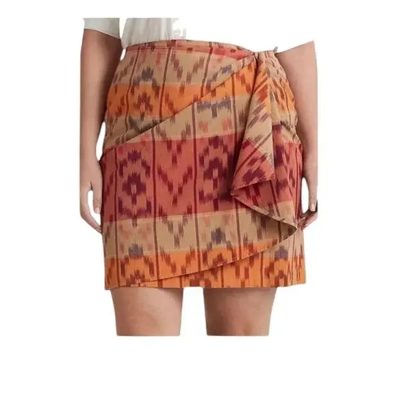 Lauren Ralph Lauren True Wrap Skirt Above Knee Geo Motif Ruffle Ikat Fall NEW 20