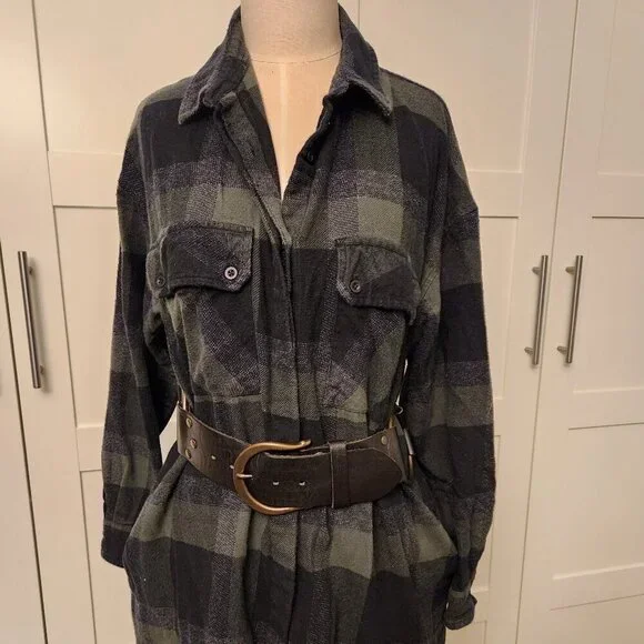 French Connection Plaid Flannel Shirt Dress Tie Belt Green Blue Medium