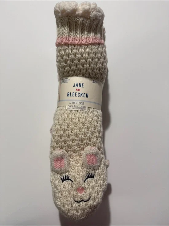 Jane and Bleecker Cream and Pink Plush-Lined Animal Face Slipper Socks
