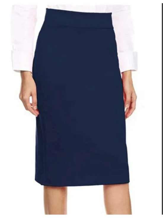 Navy Blue Polyester Elastic Waist Pencil Knee Length Skirt