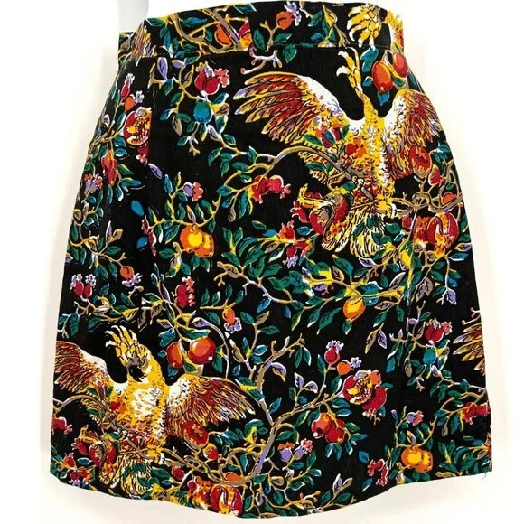 Black Vintage Handmade Miniskirt‎ with Cockatoo Parrots Lined Size XS