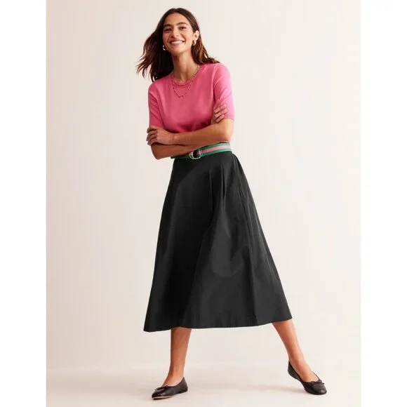 Boden Isabella Taffeta Midi Black Full Pull On Skirt Size 8 M R A-line Womens