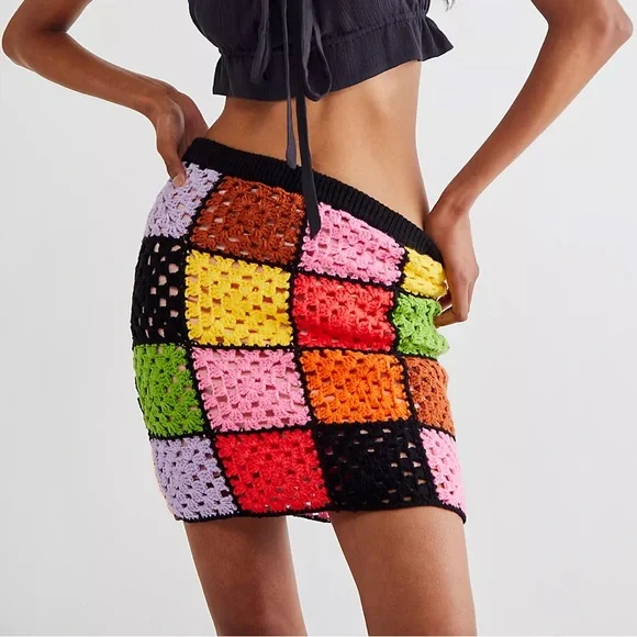 Free People‎ The Ragged Priest Gathering Skirt Size XS Crochet Colorful Mini