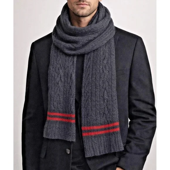 Cole Haan 100% Lambswool 70 Inch Cable Knit Gray Scarf Quiet Luxury Old Money