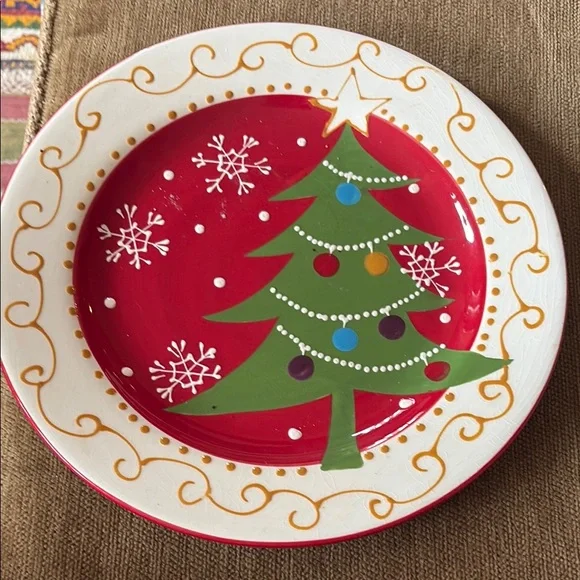 Pier 1 Red and Green Christmas Tree Ceramic Holiday Plate