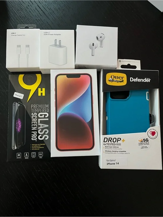 Apple iPhone 14 with Blue OtterBox Defender Case and Accessories
