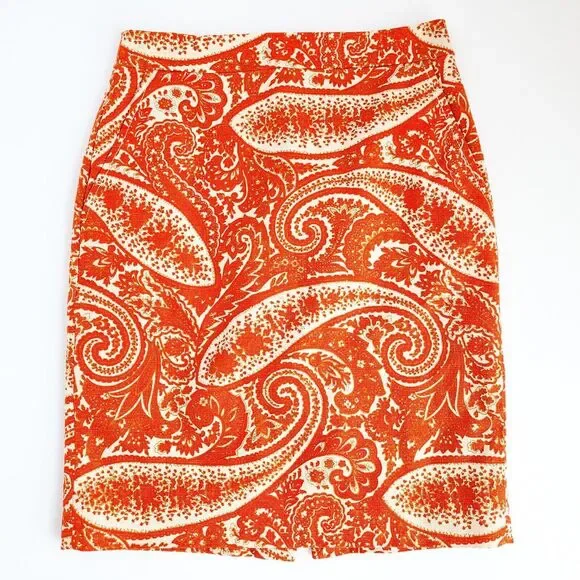 J Crew Paisley Pencil Skirt Womens 0 Fully Lined Orange/White Cotton Blend
