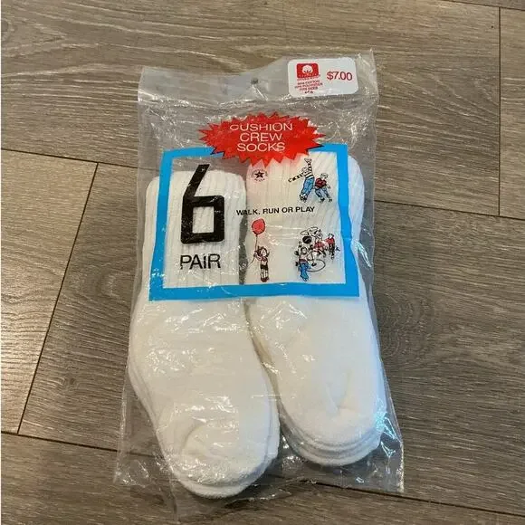 NEW Vintage Hanes Cushion Crew Socks 6 Pairs Size 4 - 6.5‎ USA White Deadstock