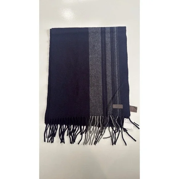 Coach Navy Blue Grey Striped Herringbone Fringed Winter Scarf New With Tags
