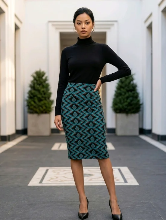 NWT LuLaRoe Black and Teal Cassie Patterned Pencil Skirt ~size SMALL