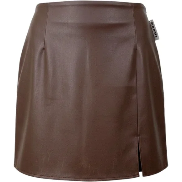 Old Navy Skirt Faux Leather Fitted Mini XS Espresso Bark Brown NWT Vegan Slit