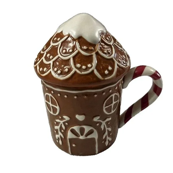 Pottery Barn  Christmas Holiday  Gingerbread House Mug With Lid Dish Micro Safe‎