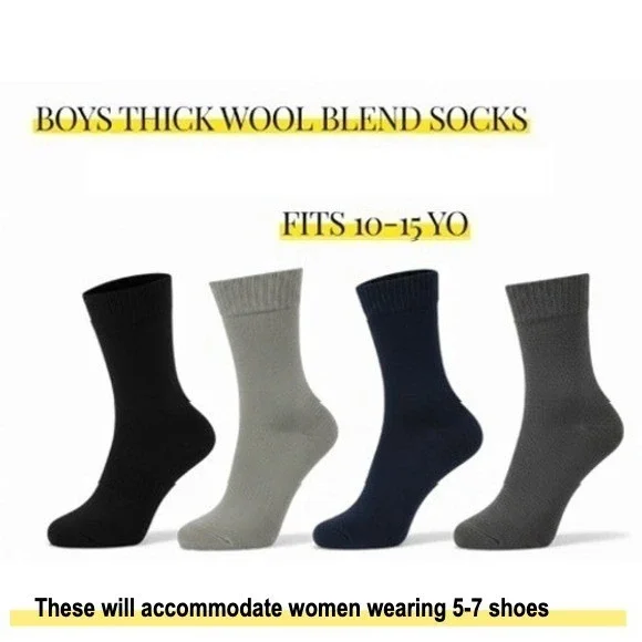 Boys Merino Wool Mid Calf Socks 10-15 Years Old 4 Pack Winter Thick Heavy Casual