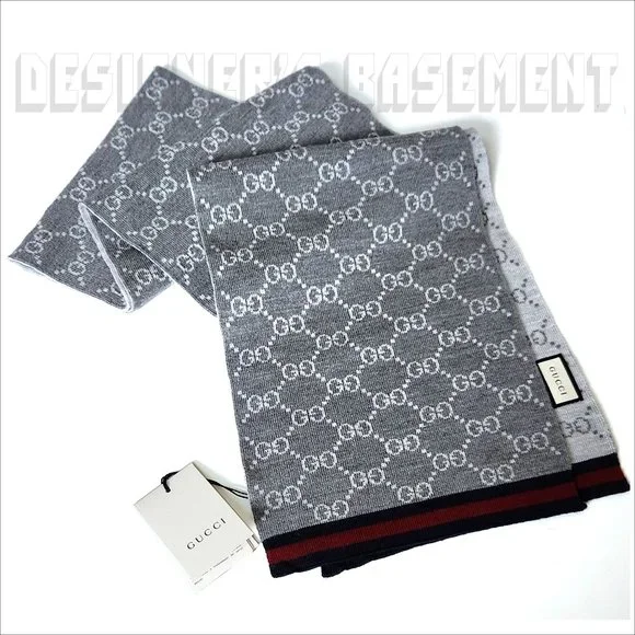 GUCCI gray & white SOLANGE Original GG red & blue WEB wool reversible long scarf