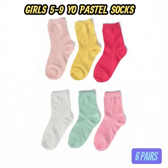 Girls Pastel Super Soft Moisture Wicking Anti-Slip Elastic Crew Socks 5-9 YO 6pk