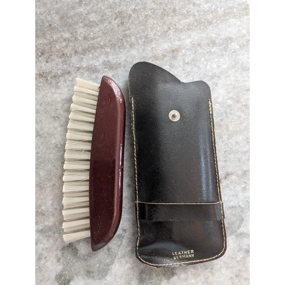 Black Leather Pouch With Snap, Made In Germany With A Small Bristle Brush