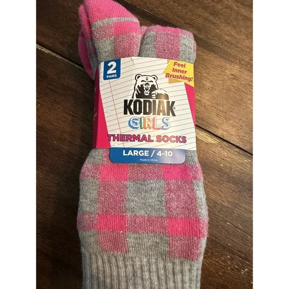 Kodiak Girls Thermal Socks Large 4 10‎ 2 Pairs Pink Gray Plaid New