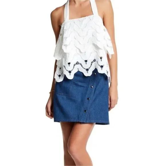 JOA Los Angeles Blue Denim Snap Front A-Line Mini Skirt Sz L NWT