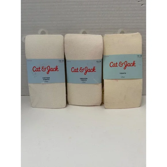 Cat & Jack Girls Tights Lot of 3 Cotton Sweater Off White Cream Size 12-14 Dirty