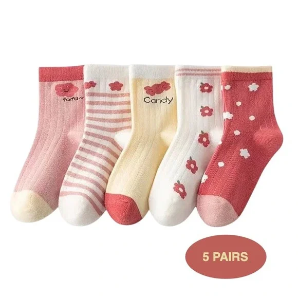 Girls Polychrome Floral Spring Whimsical Socks 6-8 Durable Casual Pastel 5 Pairs