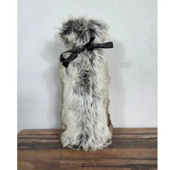 Pottery Barn Brown Faux Fur Wine Bag with Ribbon Tie Vintage