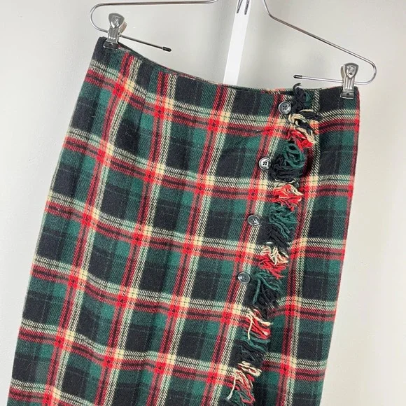 Vintage J. London Maxi‎ Wrap Skirt Womens 10 Plaid Wool Blend Fringe Academia