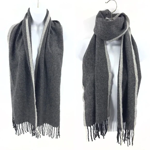 Club Room 100% Cashmere Scarf Gray Fringe Trim Unisex Adult Quiet Luxury Soft