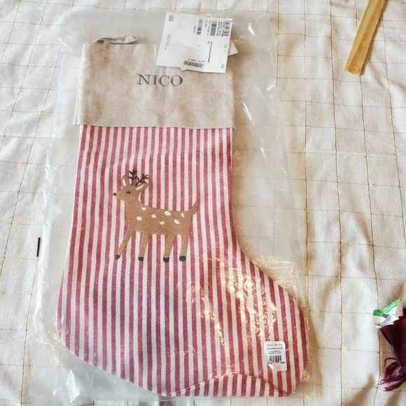 pottery barn Kids reindeer Christmas Stocking Linen Monogram NWT‎